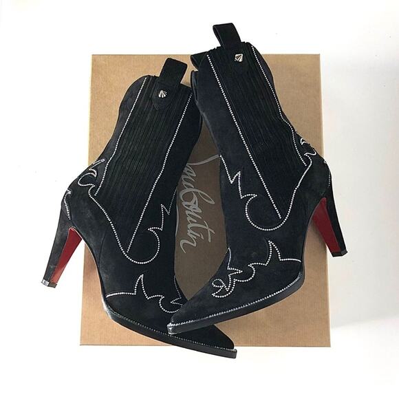 Christian Louboutin Santigag Strass 85 Black Suede Western Style Low Boots 38 - Picture 2 of 12